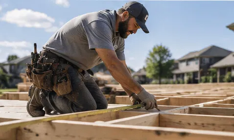 A framer carrying lumber through a jobsite, foundation and framing visible behind him.