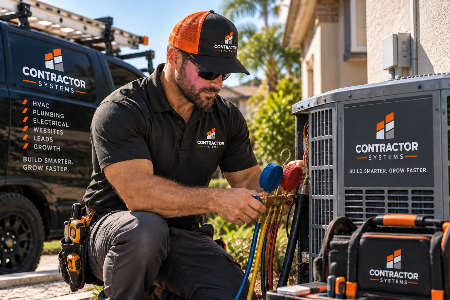 HVAC technician finishing up a job at a residential home.