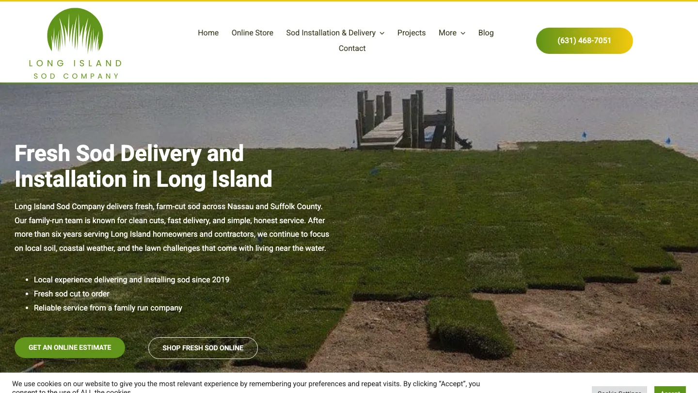 Página inicial do site da Long Island Sod Company