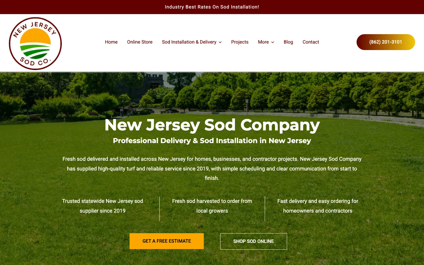 Página inicial do site da New Jersey Sod Company